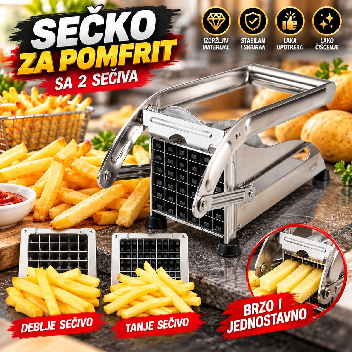 Secko za Pomfrit sa 2 Sečiva – Ručni Secko za Brzo i Lako Pravljenje Pomfrita