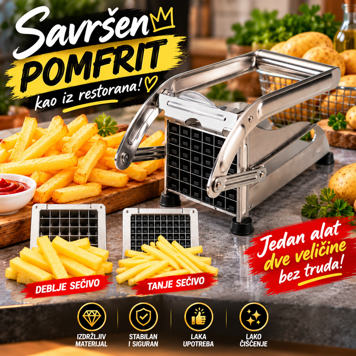 Secko za Pomfrit sa 2 Sečiva – Ručni Secko za Brzo i Lako Pravljenje Pomfrita