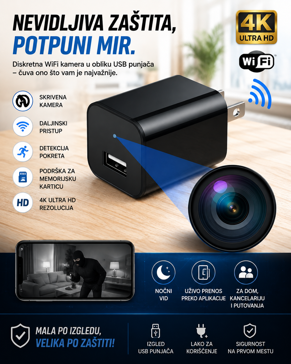 IP WiFi Kamera u USB Punjaču – Mini Nadžorna Kamera sa WiFi Povezivanjem za Unutrašnji Nadzor