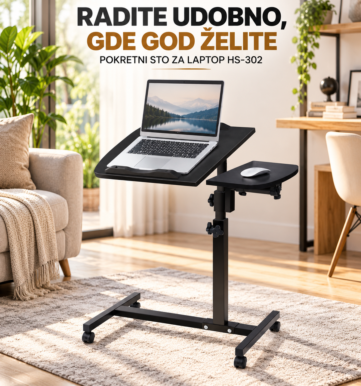 Sto za Laptop HS-302 sa Točkićima – Pokretni Sto za Laptop, Računar i Rad od Kuće