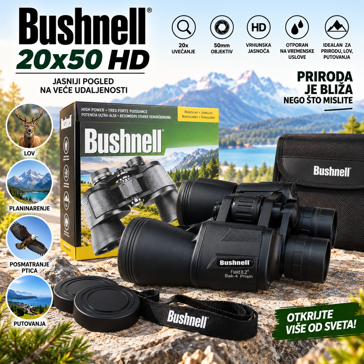 Dvogled Bushnell 20x50 – Profesionalni Binokular za Lov, Planinarenje, Posmatranje Prirode i Sport