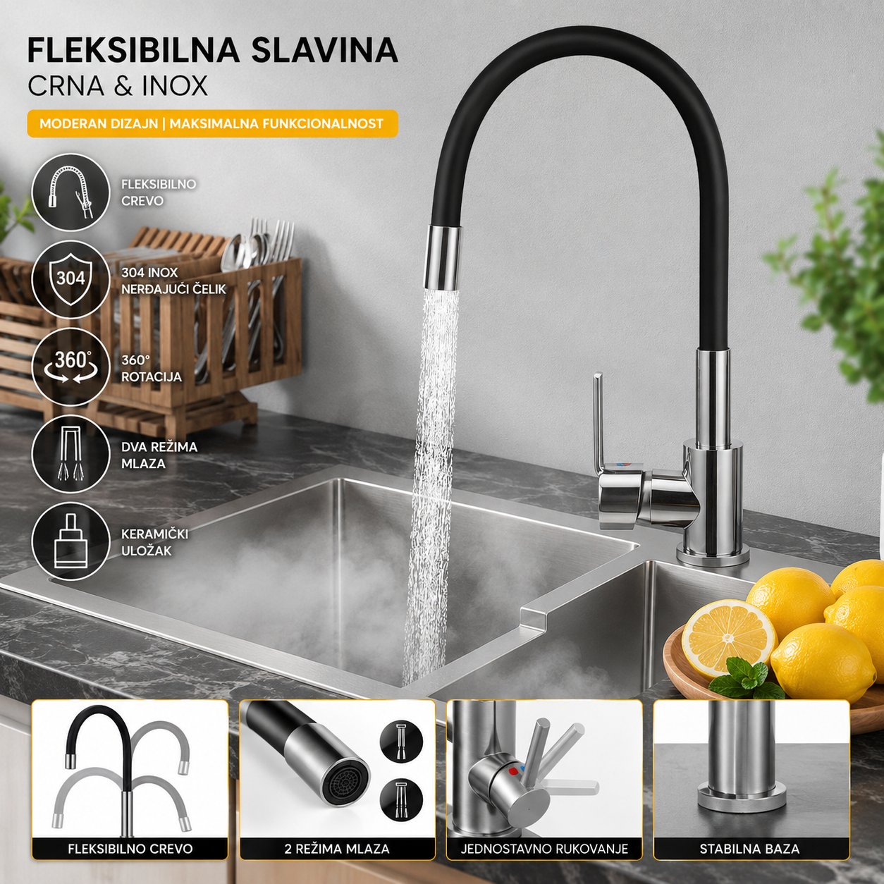 Fleksibilna Kuhinjska Slavina za Sudoperu Crna Inox – 360° Rotacija i Moderan Dizajn