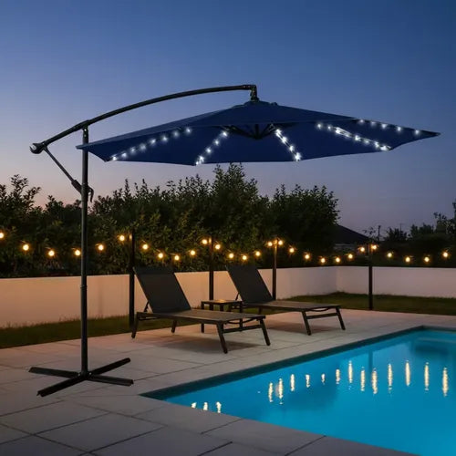 Veliki Suncobran sa LED Rasvetom i Bočnim Nagibom – UV Zaštita + Solarno Punjenje