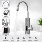 A modern stainless steel gooseneck faucet with a flexible curved spout, shown with water flowing from the nozzle. The image includes multiple inset detail callouts with Slovenian text and icons explaining features such as rotation, filter mesh, pressure, single-handle design, LED temperature display, and 360-degree rotation.