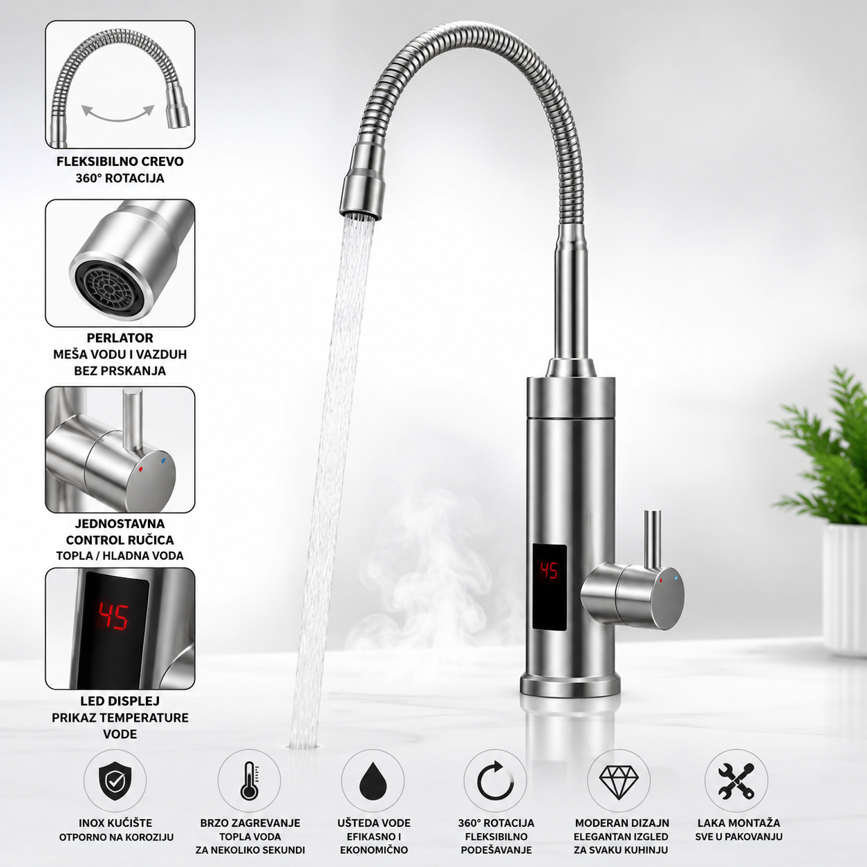 A modern stainless steel gooseneck faucet with a flexible curved spout, shown with water flowing from the nozzle. The image includes multiple inset detail callouts with Slovenian text and icons explaining features such as rotation, filter mesh, pressure, single-handle design, LED temperature display, and 360-degree rotation.