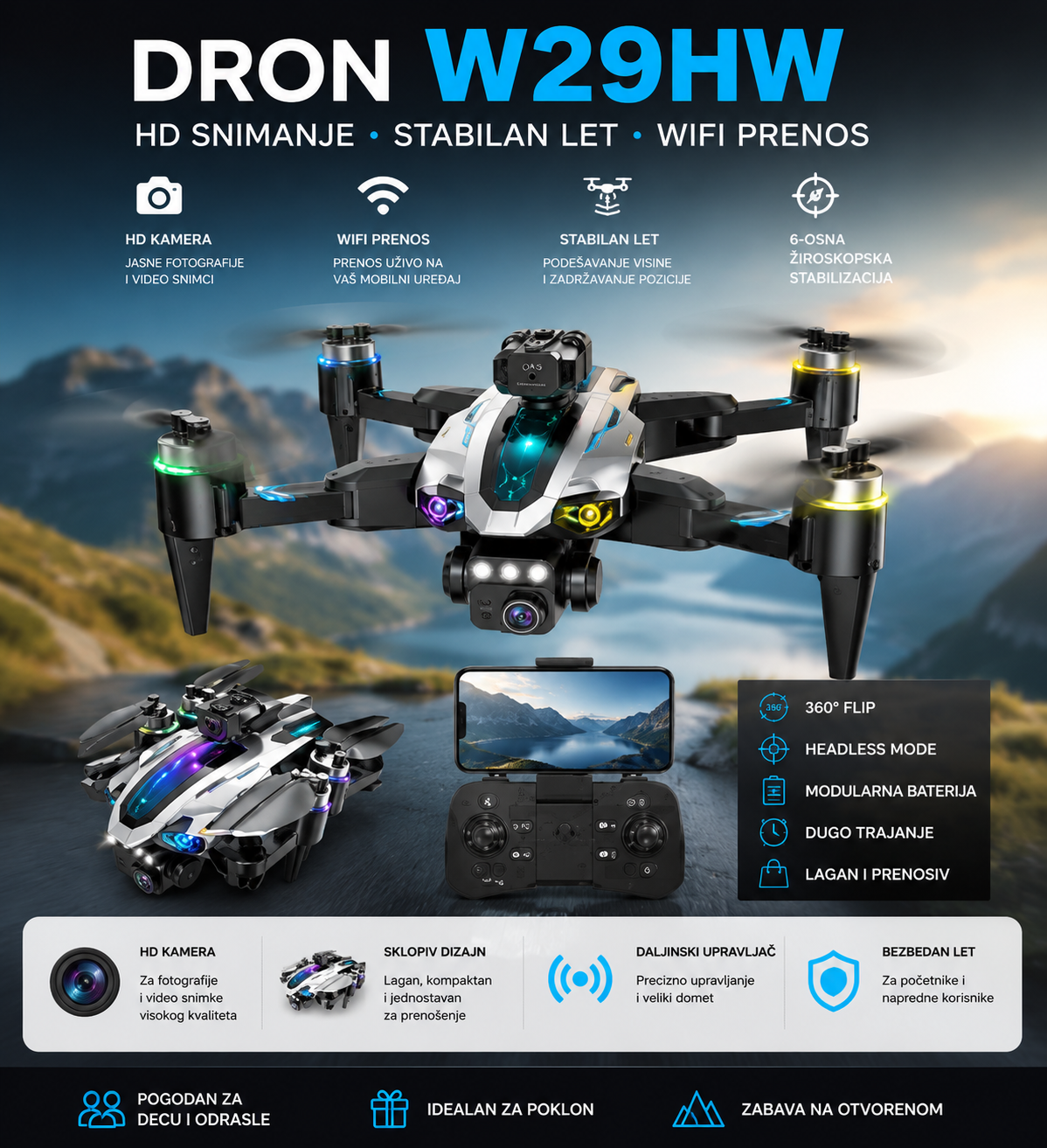 Dron W29HW sa Kamerom i Daljinskim Upravljačem – HD Snimanje, Stabilan Let i WiFi Prenos