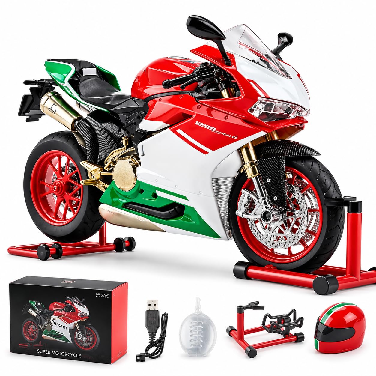 Ducati 1299 Panigale R 1:9 Premium Die-Cast Motor – Realistični Zvuk, LED Svetla, Efekat Dima i Ključ