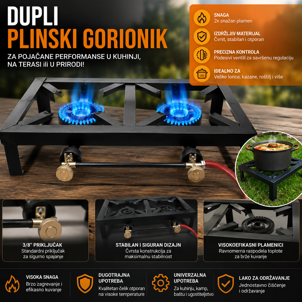 Dupli Plinski Rešo sa 2 Gorionika – Snažan Plinski Gorionik za Kuvanje, Kamp i Ugostiteljstvo