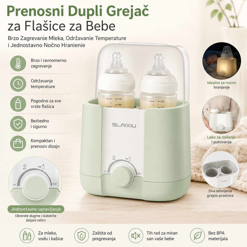 Dupli Grejač za Flašice za Bebe – Prenosni Uređaj za Zagrevanje Mleka i Hrane, Brzo i Ravnomerno Grejanje