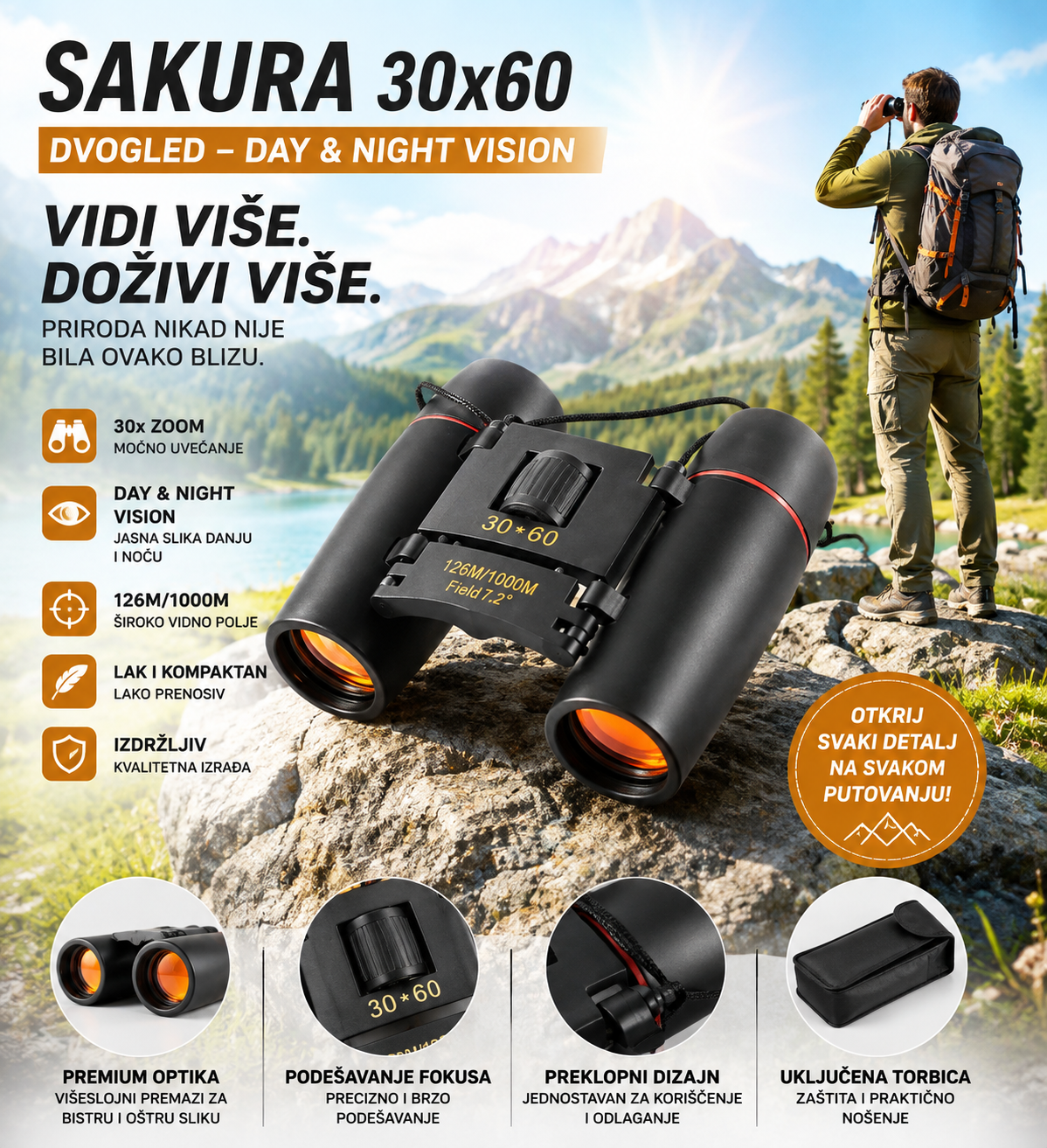 Dvogled Sakura 30x60 – Day & Night Vision, 126m/1000m, Binokular za Lov, Planinarenje i Posmatranje Prirode