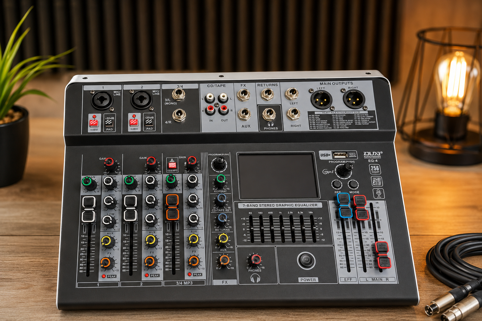 EQ-4 Profesionalna Audio Mikseta sa 4 Kanala – Bluetooth, 48V Phantom, USB/MP3, 7-Band EQ i DSP Efekti za DJ, Karaoke, Podcast i Studio