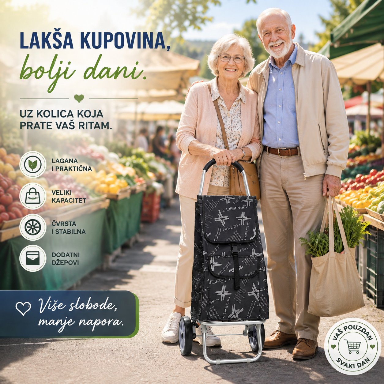 Kolica za Pijacu – Sklopiva Kolica za Kupovinu sa Velikom Torbom EasyGo