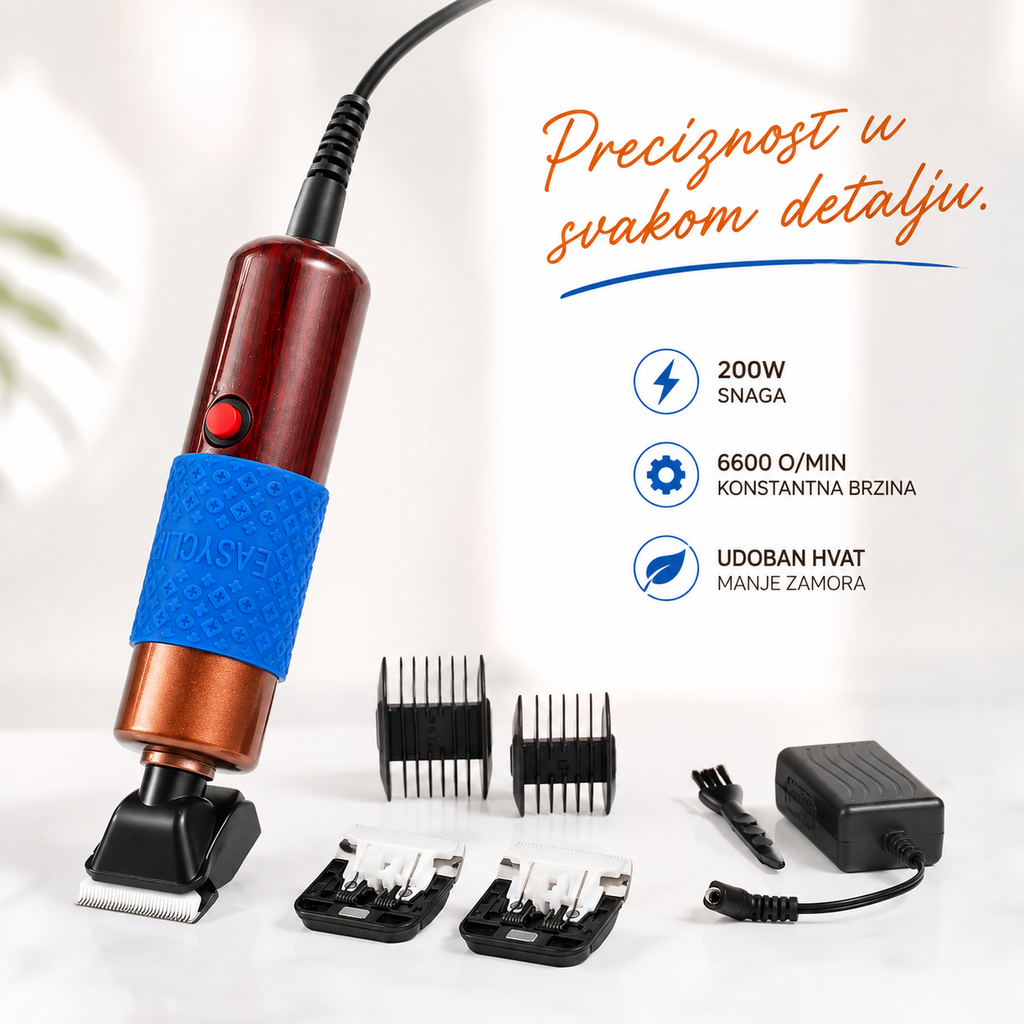 A cordless electric hair clipper with a metallic copper body, blue grip sleeve, and black clipper head, shown alongside guide combs, a power adapter, and text highlighting 200W power, 6600 RPM speed, and continuous cord operation.