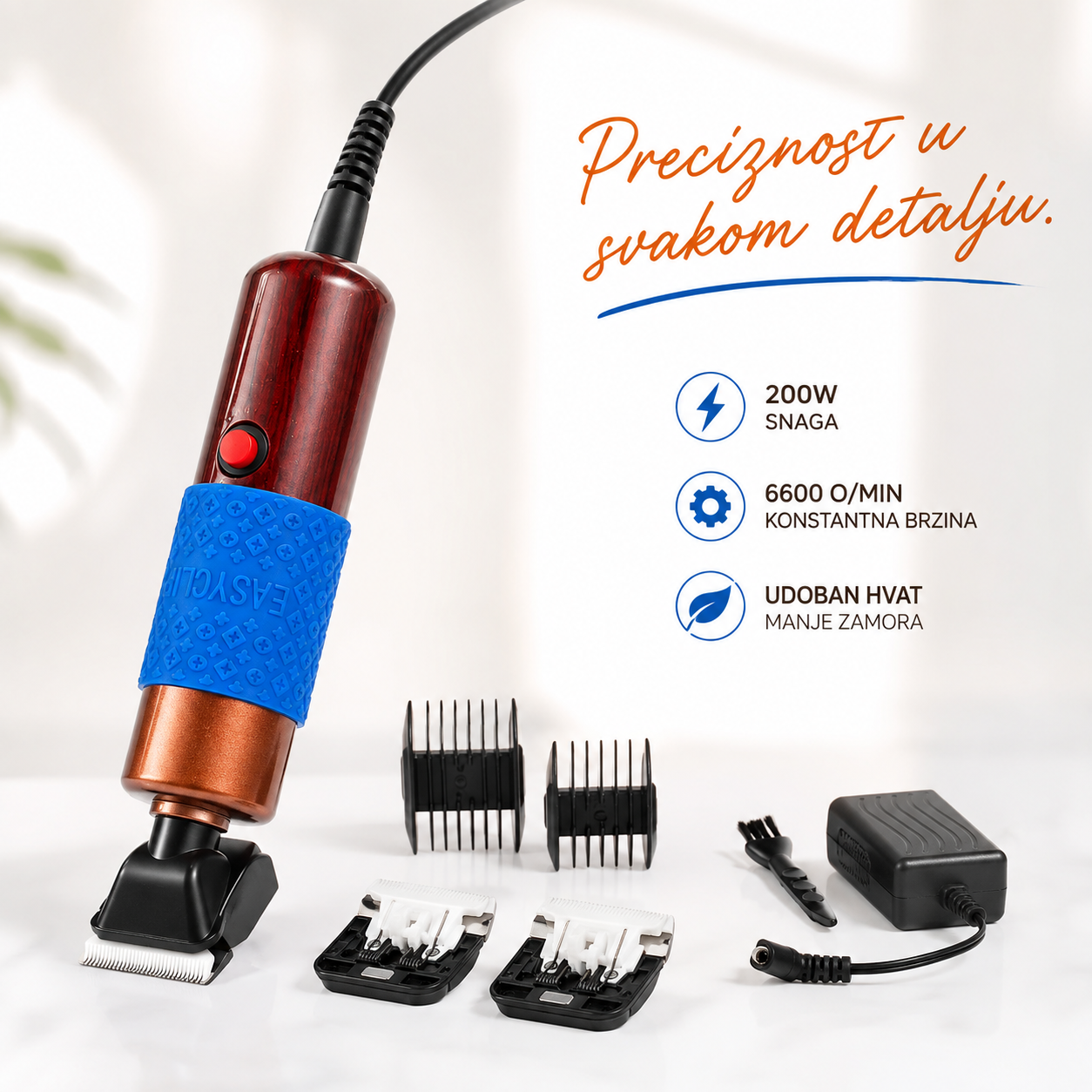 A cordless electric hair clipper with a metallic copper body, blue grip sleeve, and black clipper head, shown alongside guide combs, a power adapter, and text highlighting 200W power, 6600 RPM speed, and continuous cord operation.
