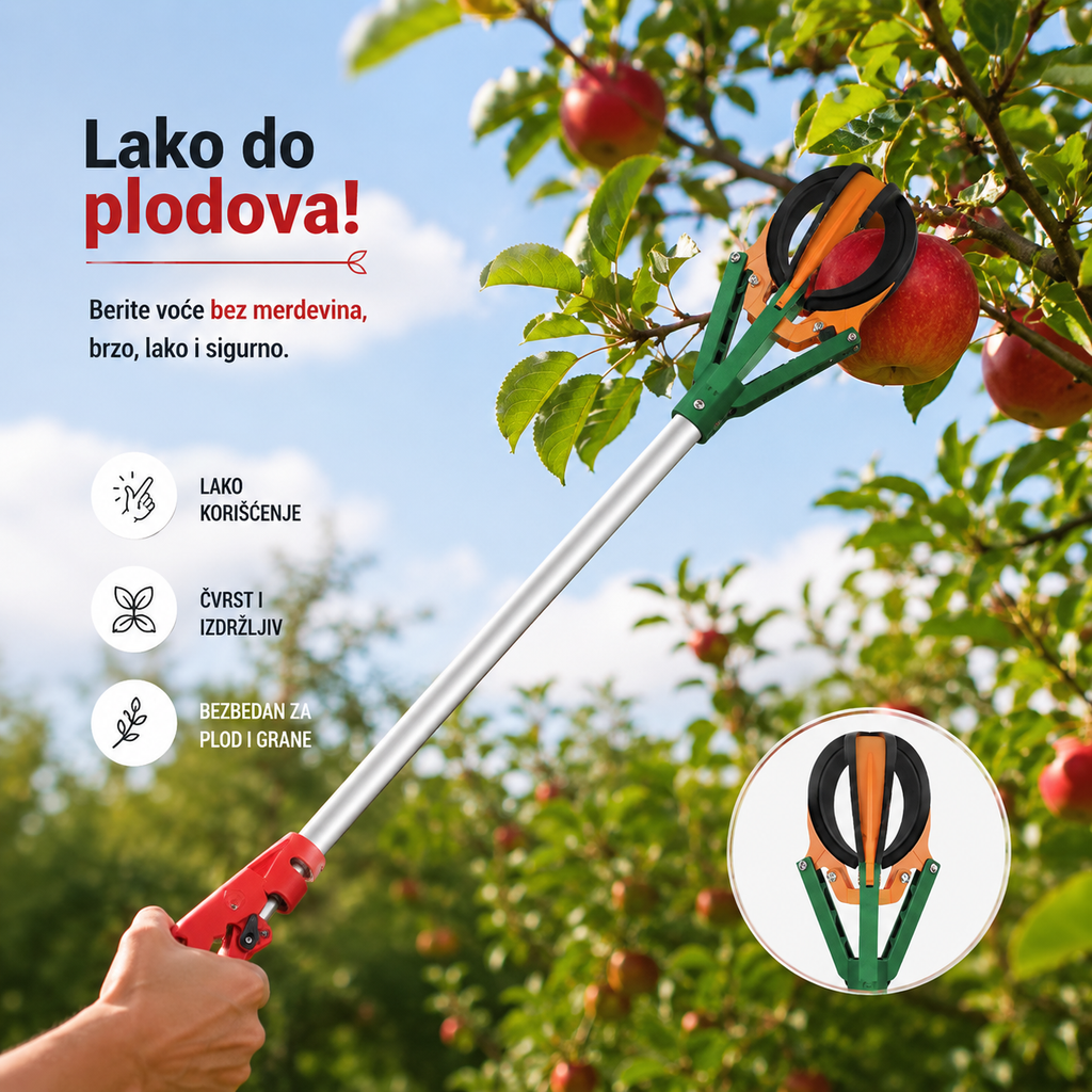 A red and green extendable pole pruner with a long silver handle is being used by a hand to harvest red apples from an apple tree. The image features promotional text in Croatian, icons highlighting features, and a circular inset showing the pruner's head close-up, all set against a sunny outdoor garden background.