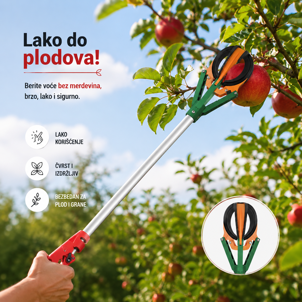 A red and green extendable pole pruner with a long silver handle is being used by a hand to harvest red apples from an apple tree. The image features promotional text in Croatian, icons highlighting features, and a circular inset showing the pruner's head close-up, all set against a sunny outdoor garden background.