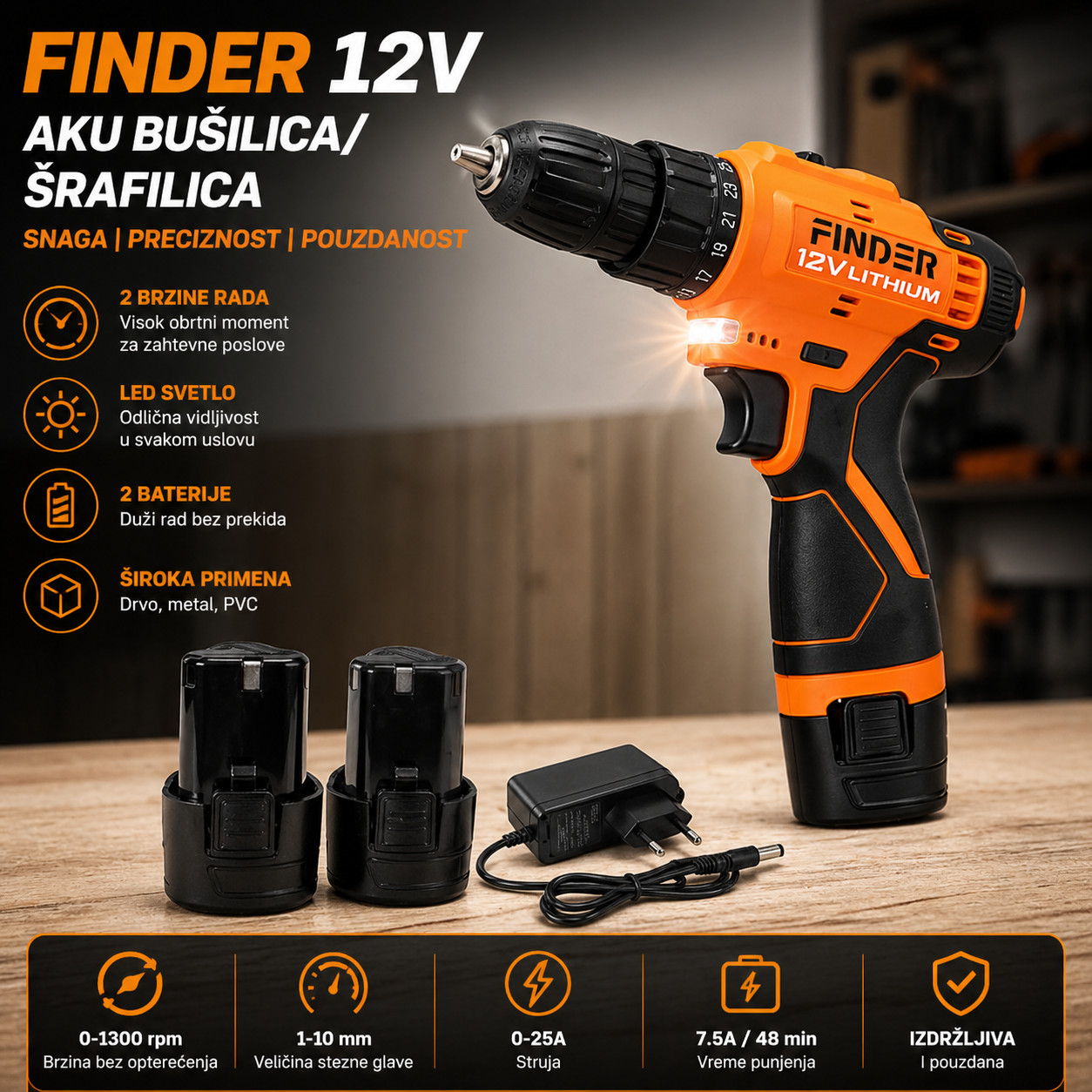 Finder 12V Aku Šrafilica – 2 Brzine, 2 Baterije | Idealna za Kućne i Profesionalne Radove