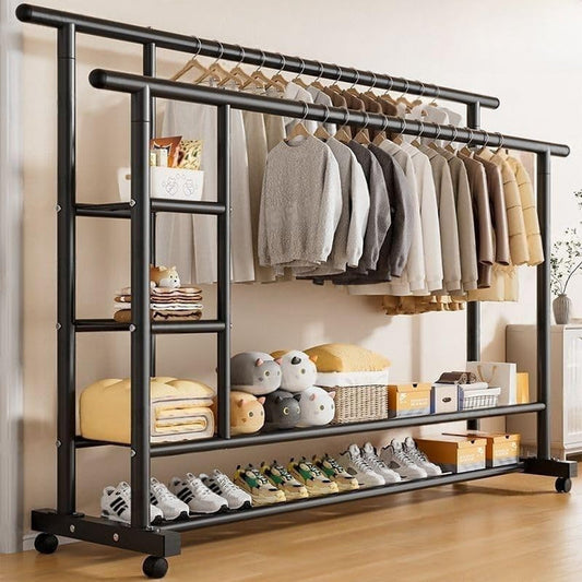 Garderober na točkićima 1.5 m – metalni stalak za odeću sa duplim stalkom i policom