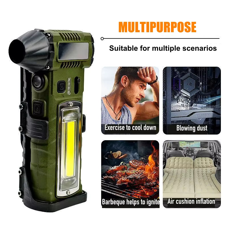 Mega Snažan F020 Turbo Ventilator 10u1 „Violent Fan“ – Duvanje, Čišćenje, Kamp i LED Svetlo u Jednom