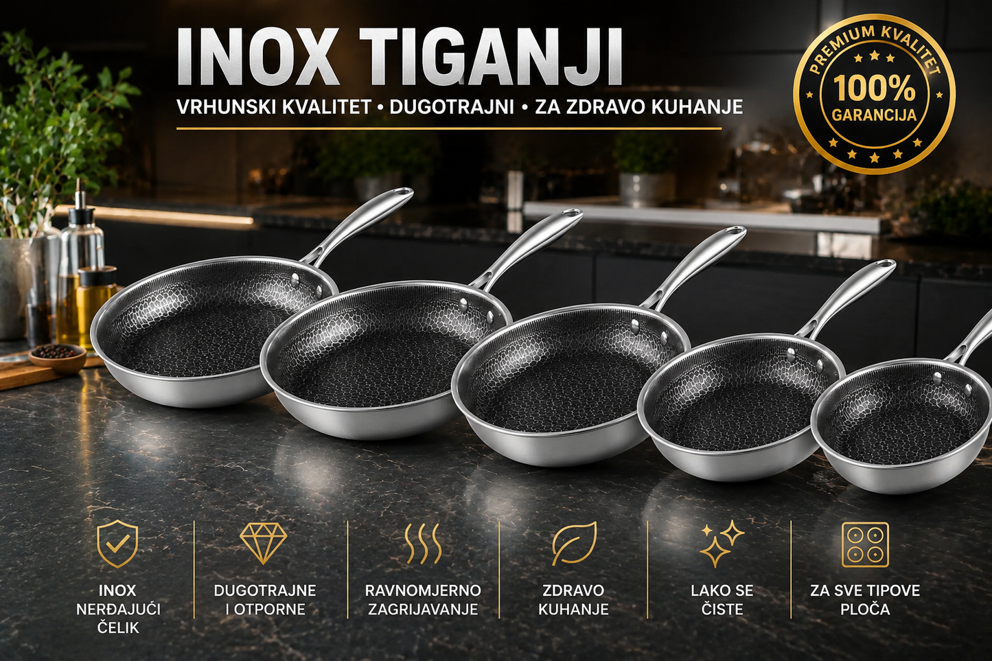 INOX Tiganji Premium – Nerđajući Čelik, Nelepljivi Tiganji za Indukciju i Sve Vrste Šporeta