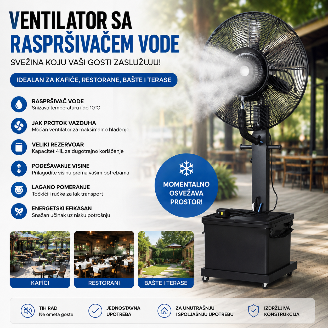 Industrijski Ventilator sa Raspršivačem Vode 41L – Profesionalno Hlađenje za Kafiće, Restorane, Bašte, Terase i Događaj