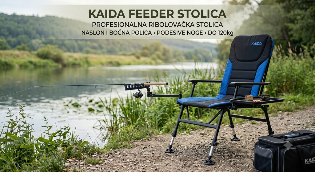 Kaida Profesionalna Feeder Ribolovačka Stolica sa Bočnom Policom i 2 Držača Pribora – Podesiva i Sklopiva Stolica za Pecanje do 120 kg