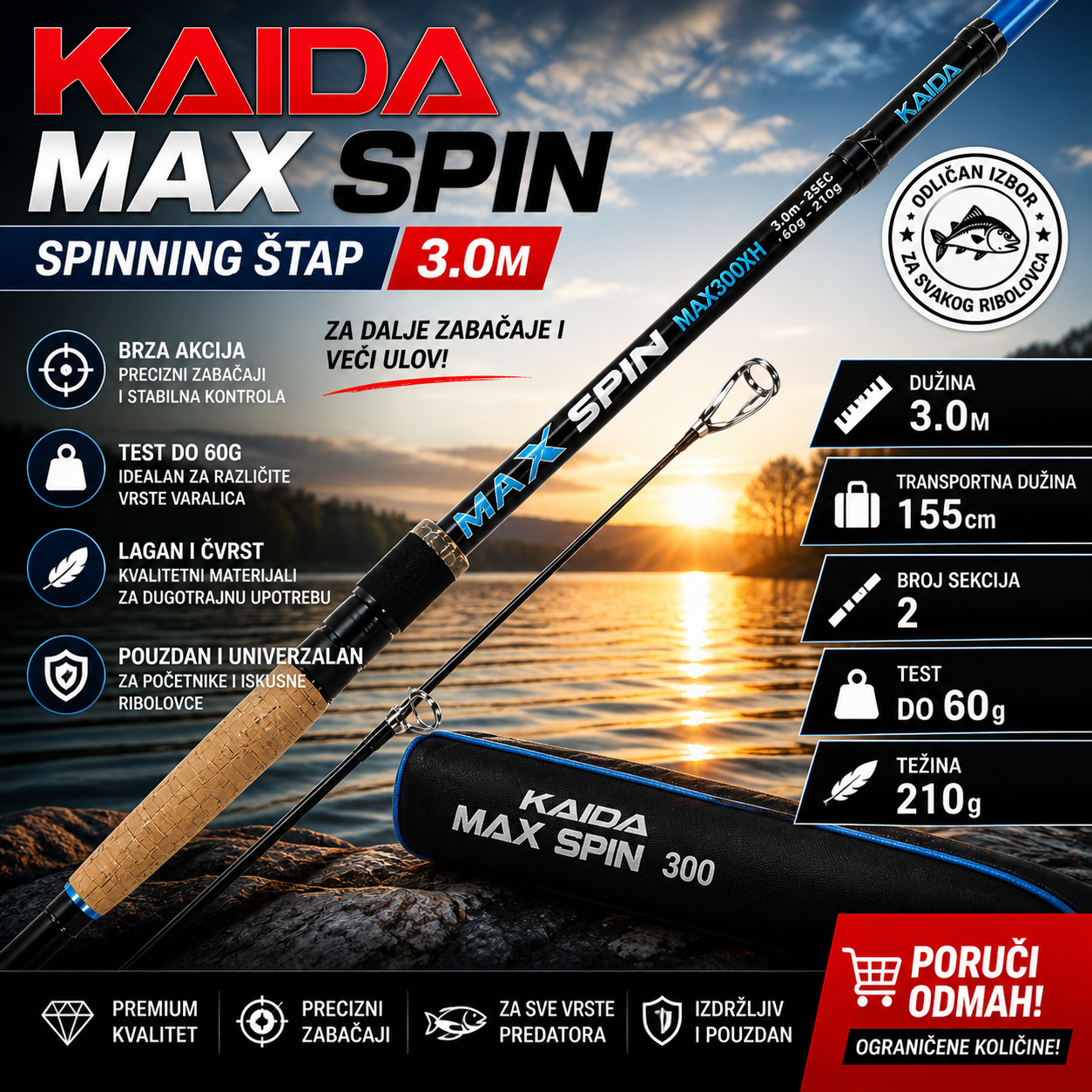Kaida MAX SPIN 3m – Ribolovacki Štap 60g za Trofejni Ribolov