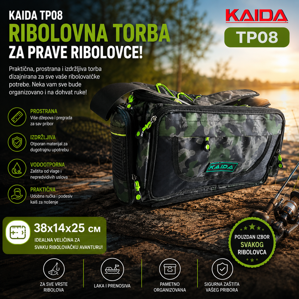 🎣 Kaida TP08 Camo Torba za Ribolov 38x14x25 cm – Vodootporna Modularna Torba sa Više Džepova za Šaranski i Feeder Ribolov