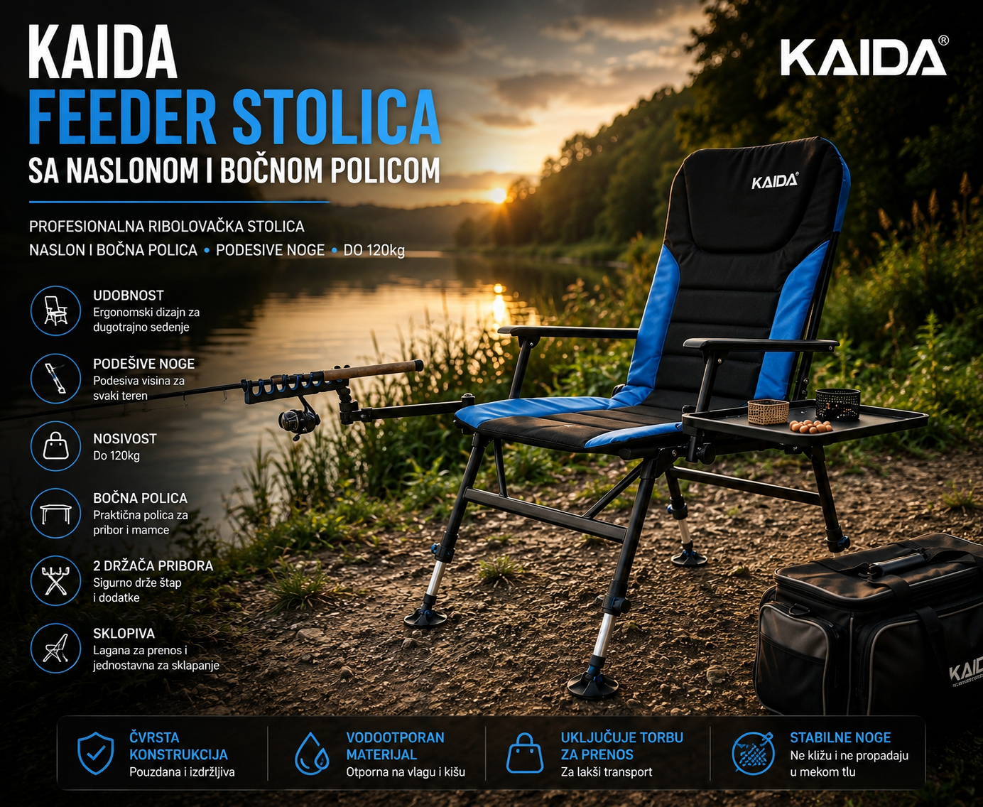 Kaida Profesionalna Feeder Ribolovačka Stolica sa Bočnom Policom i 2 Držača Pribora – Podesiva i Sklopiva Stolica za Pecanje do 120 kg
