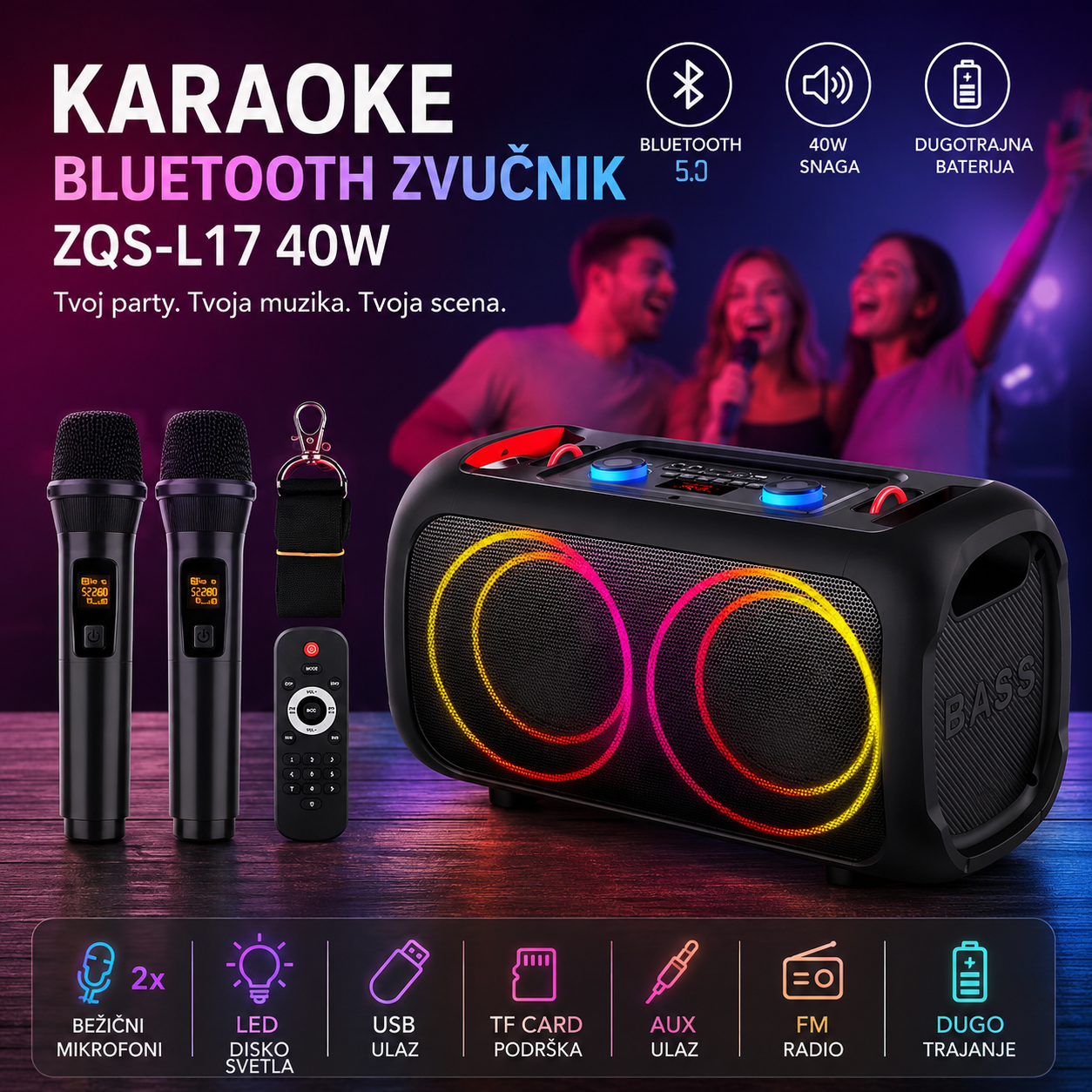 Karaoke Bluetooth Zvučnik ZQS-L17 40W – Prenosivi Bežični Zvučnik sa Mikrofonom, LED Osvetljenjem i Moćnim Basom
