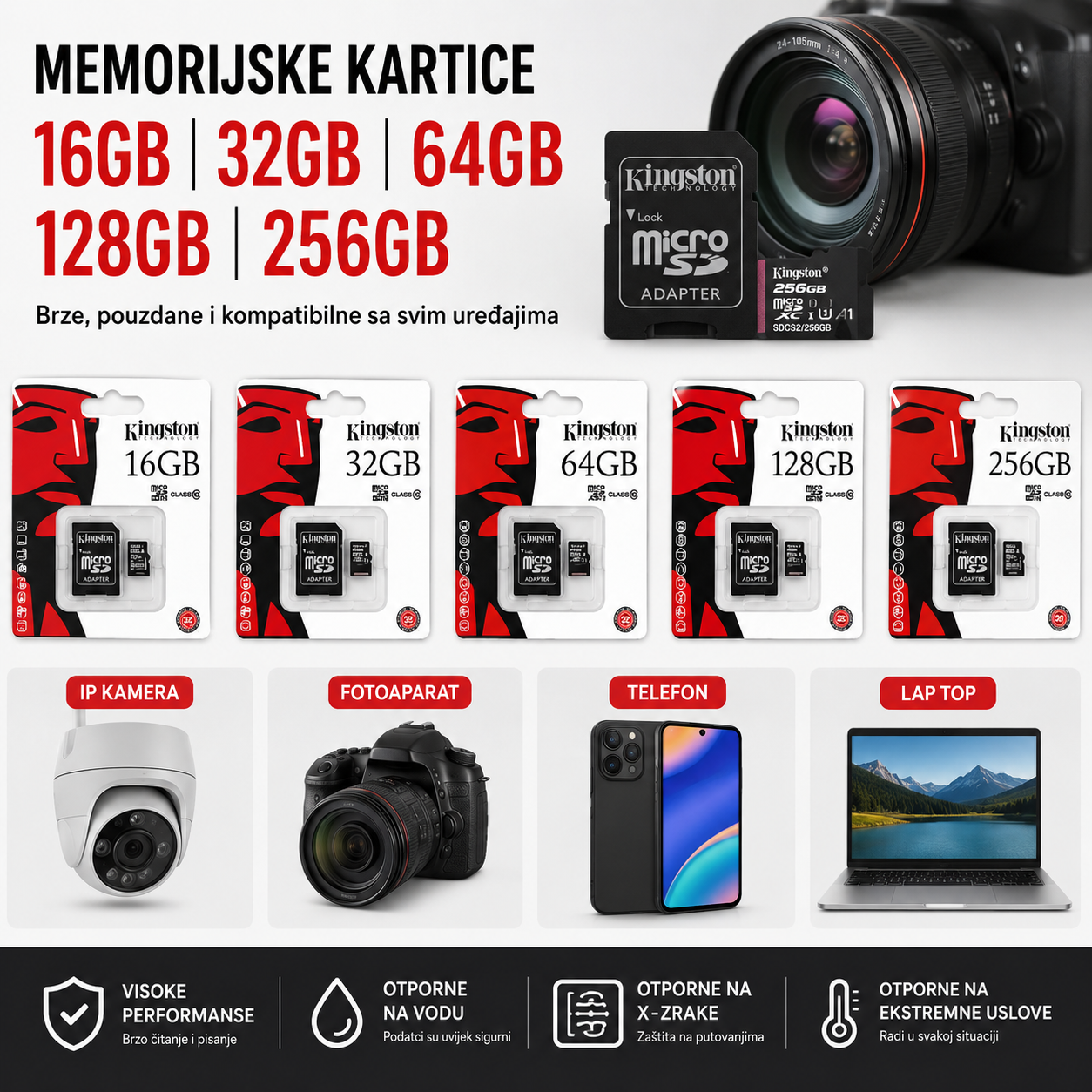Kingston MicroSD Memorijska Kartica 16GB 32GB 64GB 128GB 256GB sa Adapterom – Za Telefon, IP Kameru, Fotoaparat i Laptop