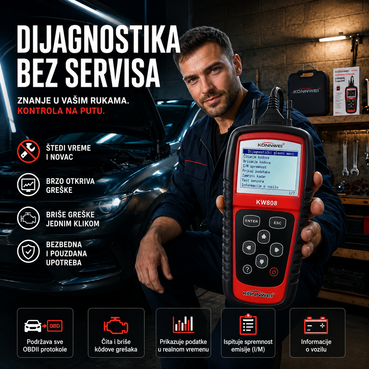 Autodijagnostika AUTO DIJAGNOSTIKA OBD 2 Konnwei KW808