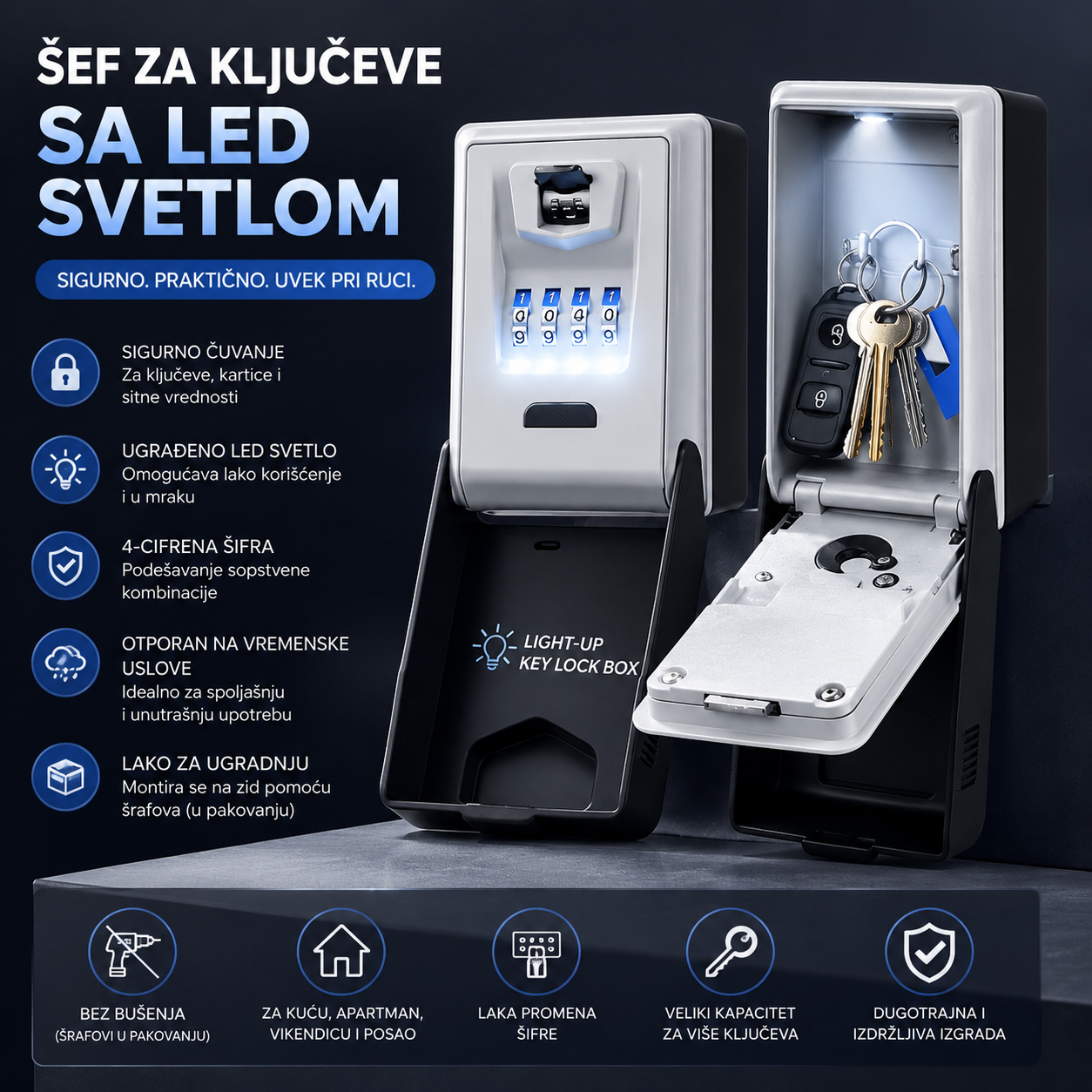 Sigurnosni Sef za Ključeve sa Šifrom i LED Svetlom – Zidna Kutija za Ključeve za Kuću, Apartman, Vikendicu