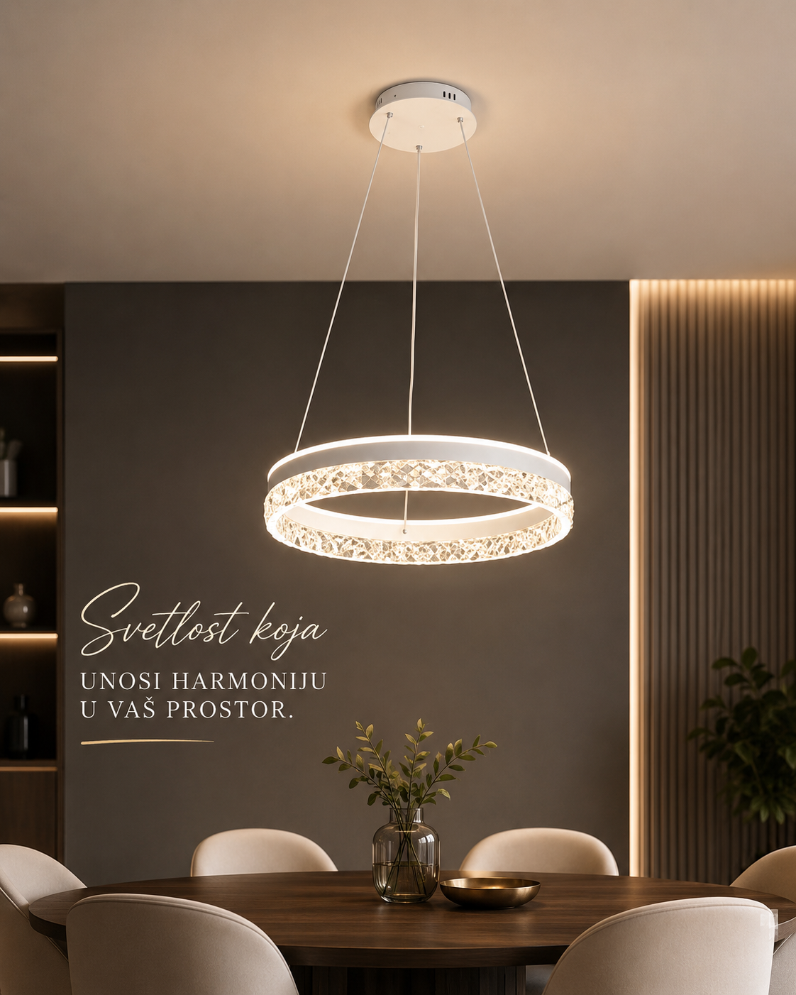 A modern circular LED pendant light with a white frame and sparkling clear crystal-like accents, hanging over a dining table in a stylishly decorated room with warm ambient lighting.
