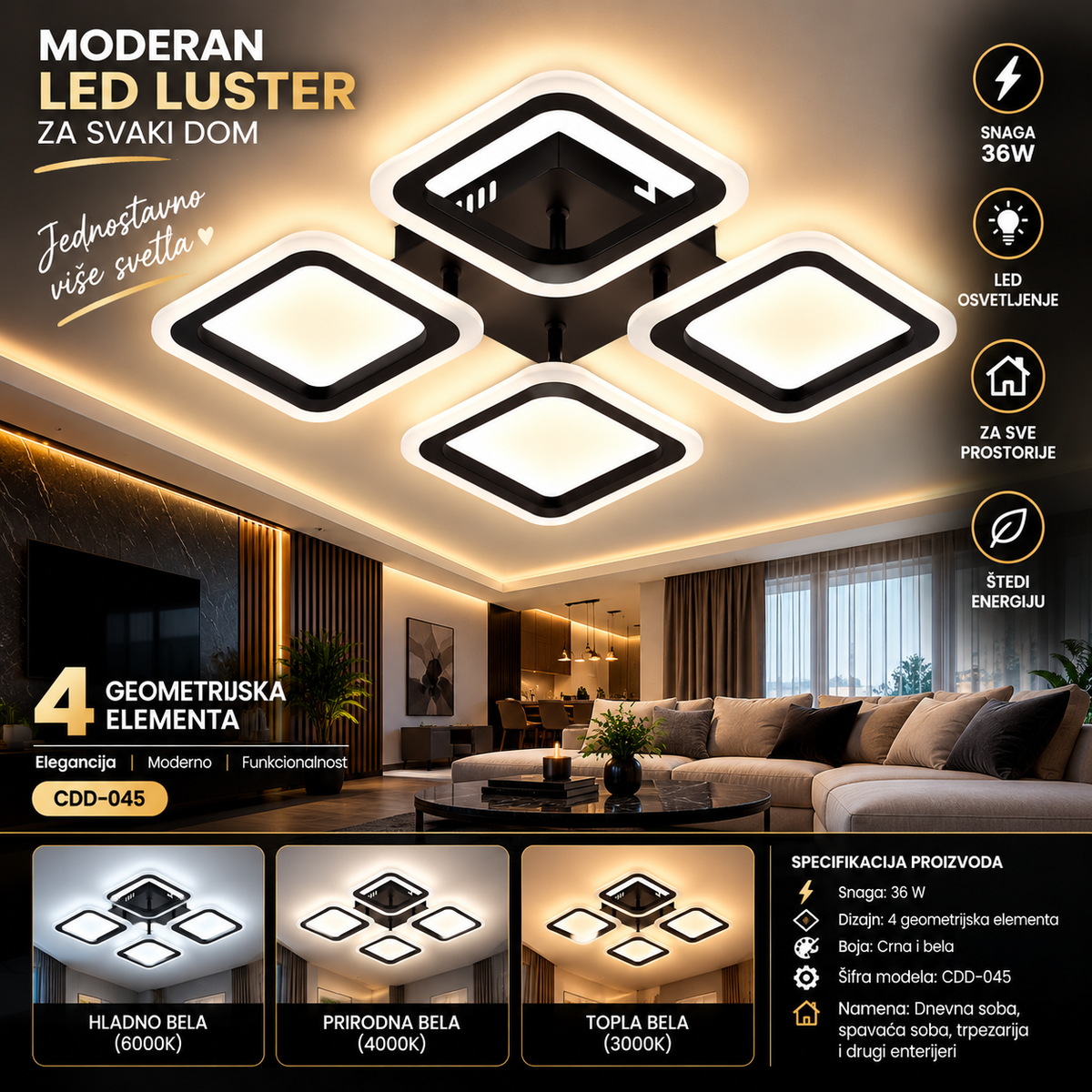 LED Luster 36W – Moderan Geometrijski Plafonski Luster Crno-Beli