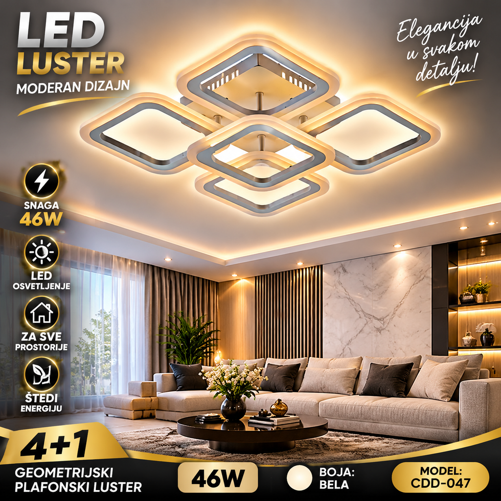 LED Luster 46W 4+1 – Moderan Geometrijski Plafonski Luster Beli