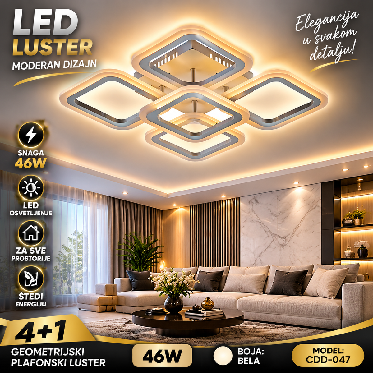 LED Luster 46W 4+1 – Moderan Geometrijski Plafonski Luster Beli