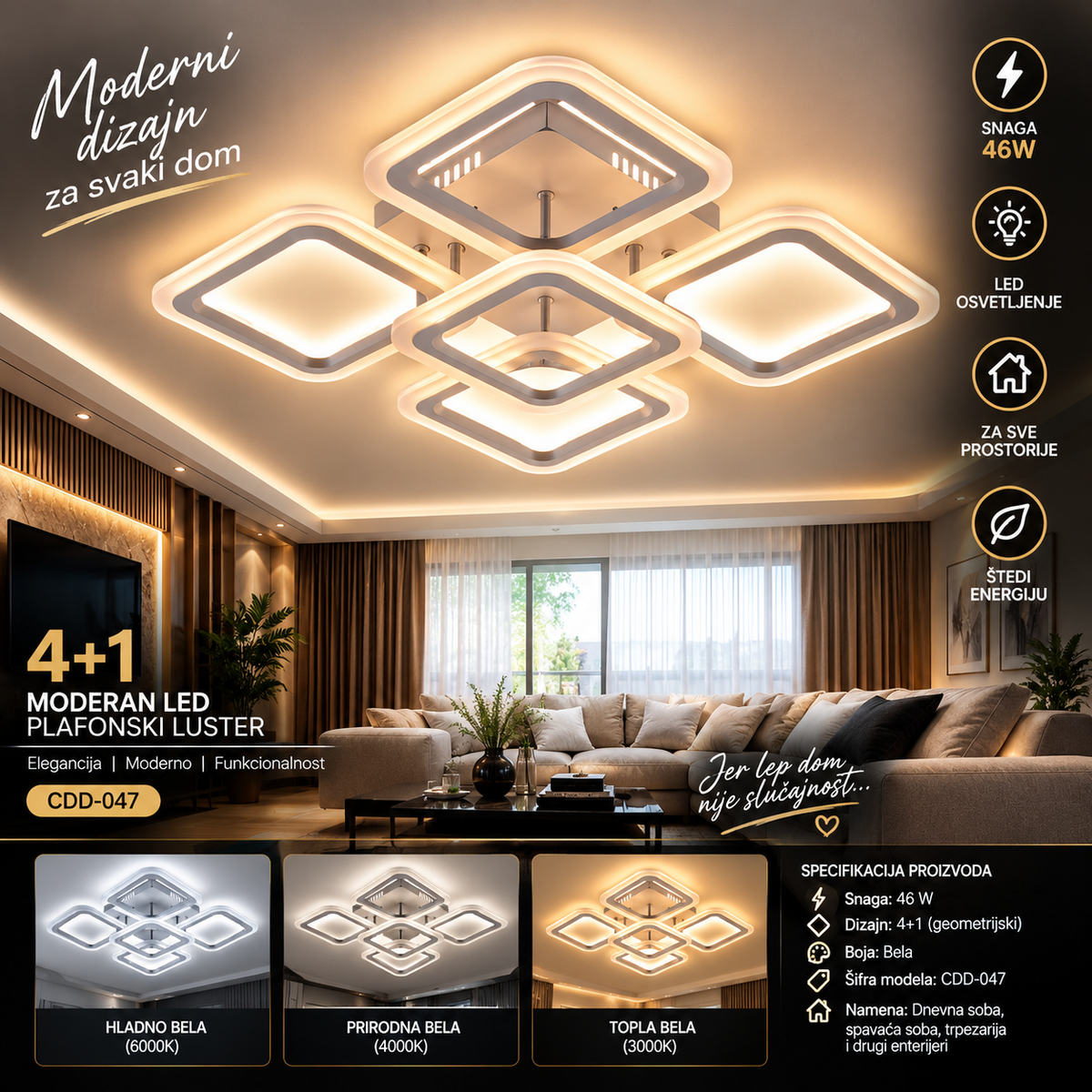 LED Luster 46W 4+1 – Moderan Geometrijski Plafonski Luster Beli