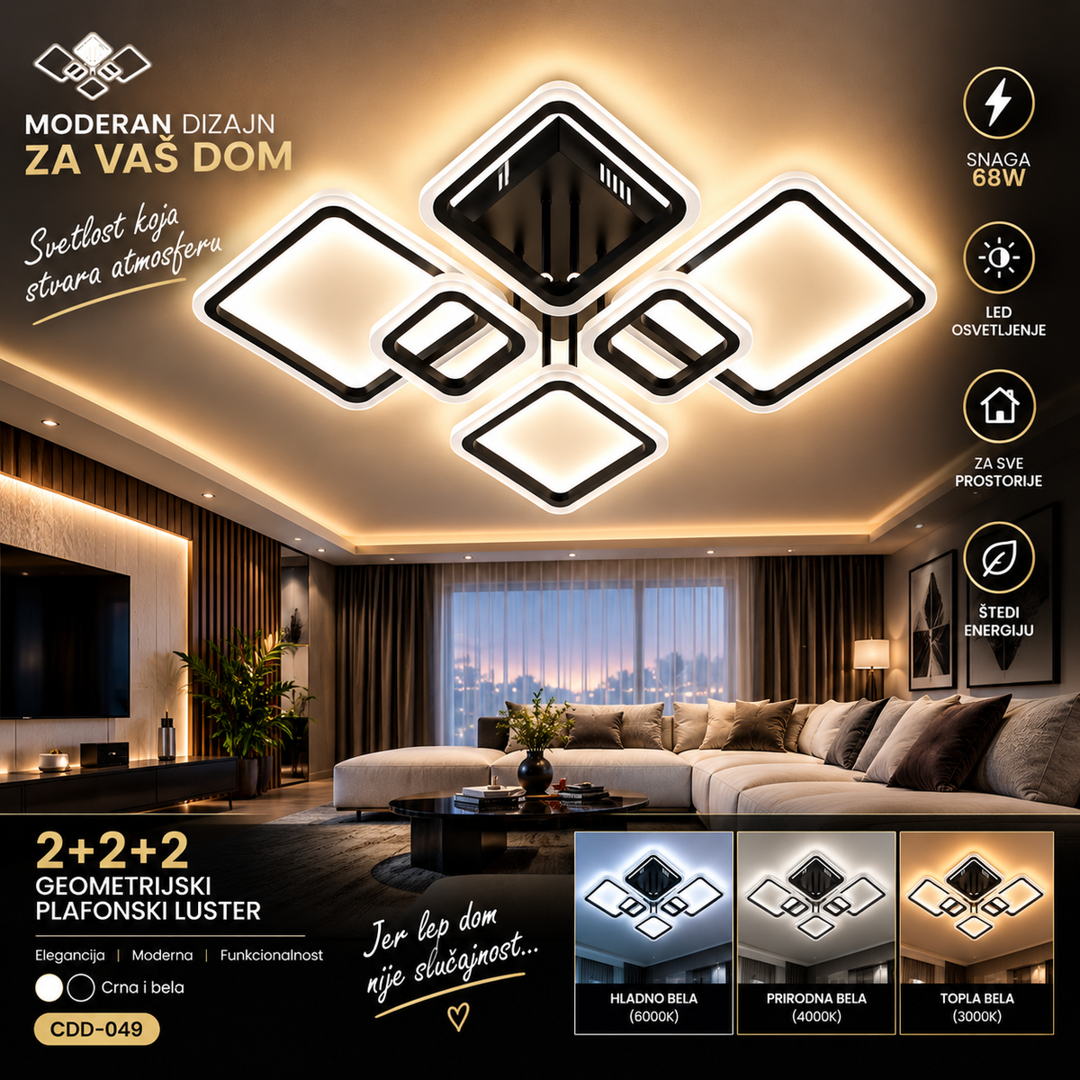 LED Luster 68W 2+2+2 – Moderan Geometrijski Plafonski Luster