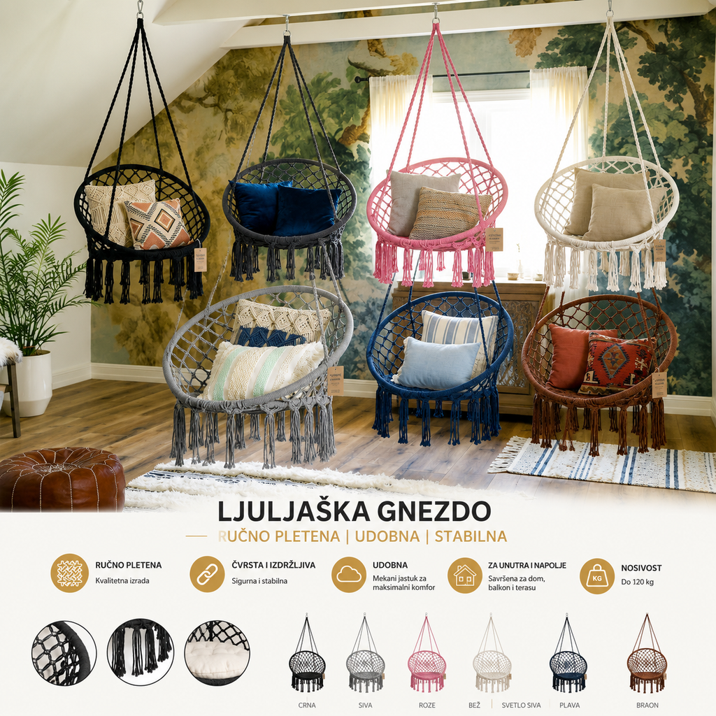 Ljuljaška Gnezdo Viseća – Boho Macrame Ljuljaška za Terasu, Balkon i Dnevnu Sobu