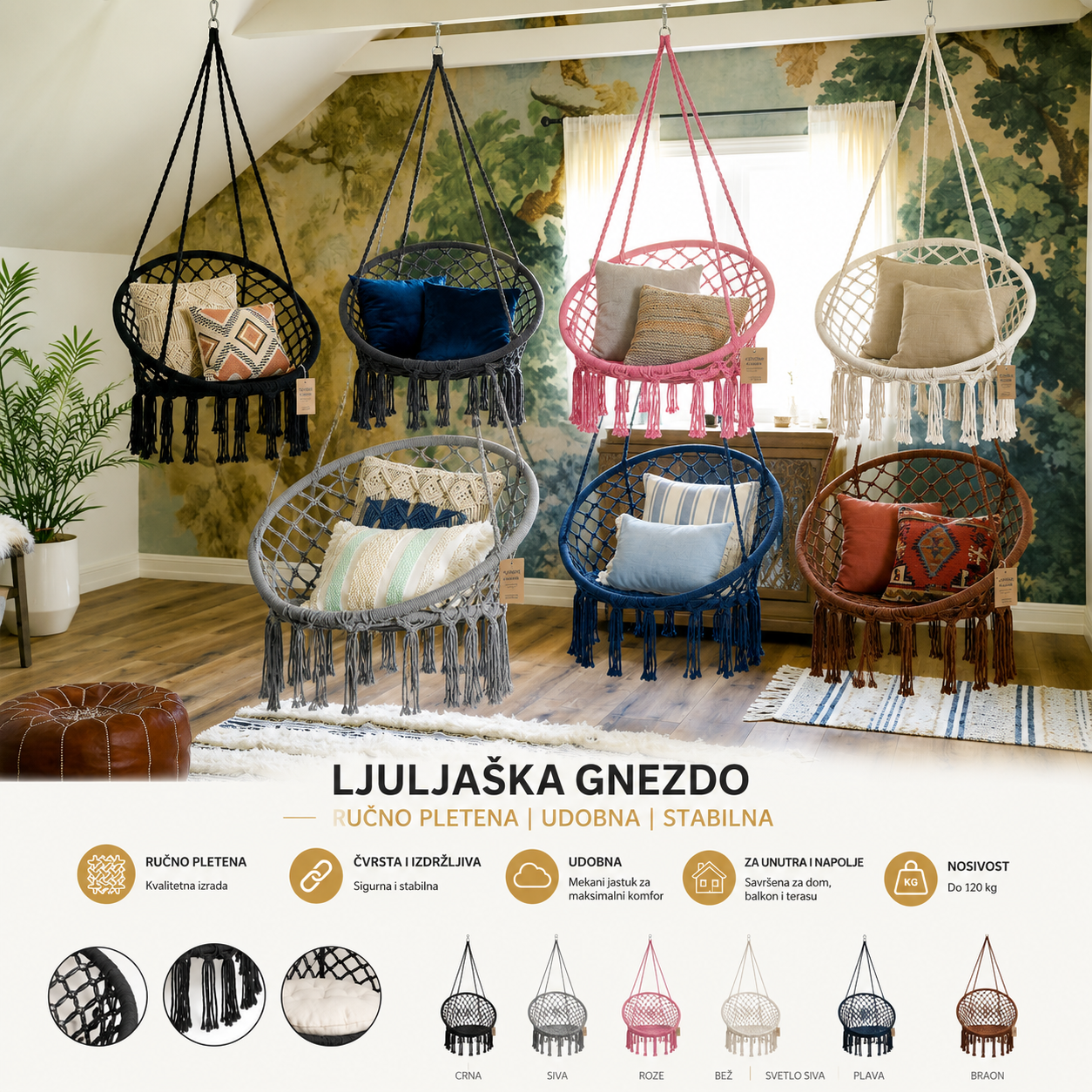 Ljuljaška Gnezdo Viseća – Boho Macrame Ljuljaška za Terasu, Balkon i Dnevnu Sobu