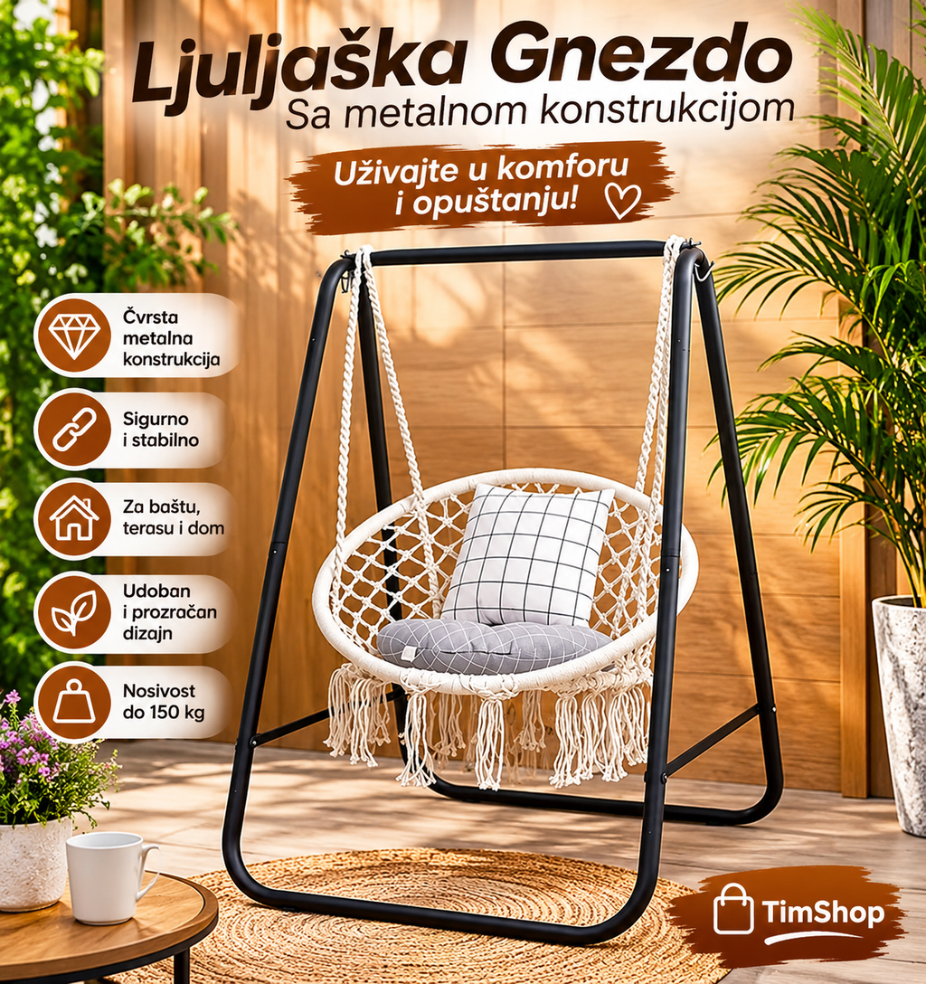 Ljuljaška Gnezdo sa Metalnom Konstrukcijom – Velika Viseća Ljuljaška za Decu i Odrasle