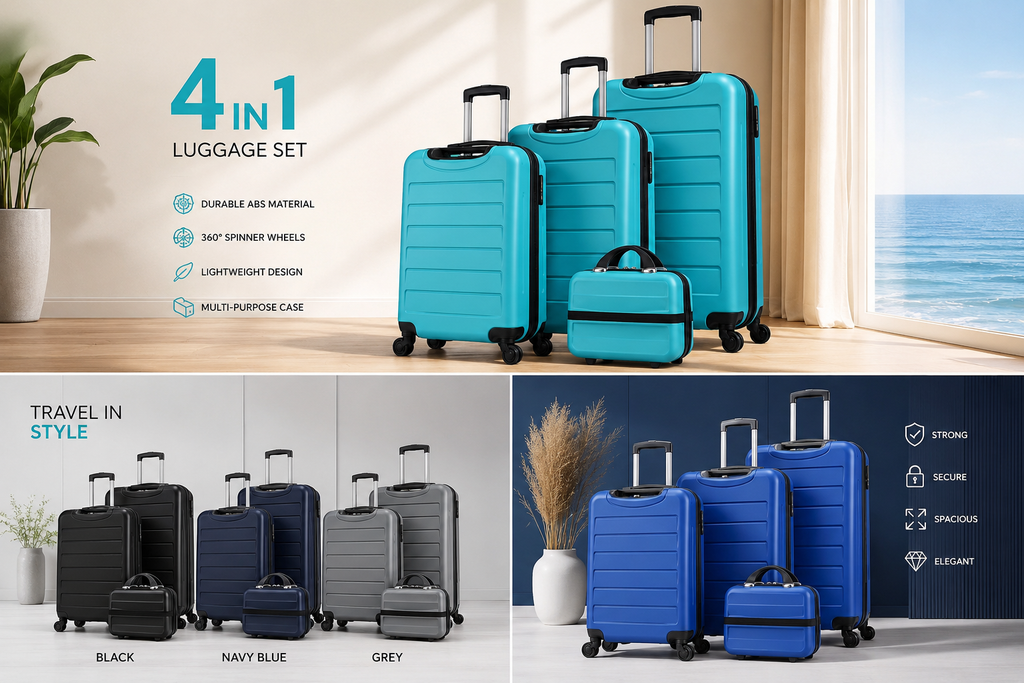 Luksuzni ABS Koferi 4u1 – Set od 3 Putna Kofera i Kozmetički Kofer | Idealni za Putovanja