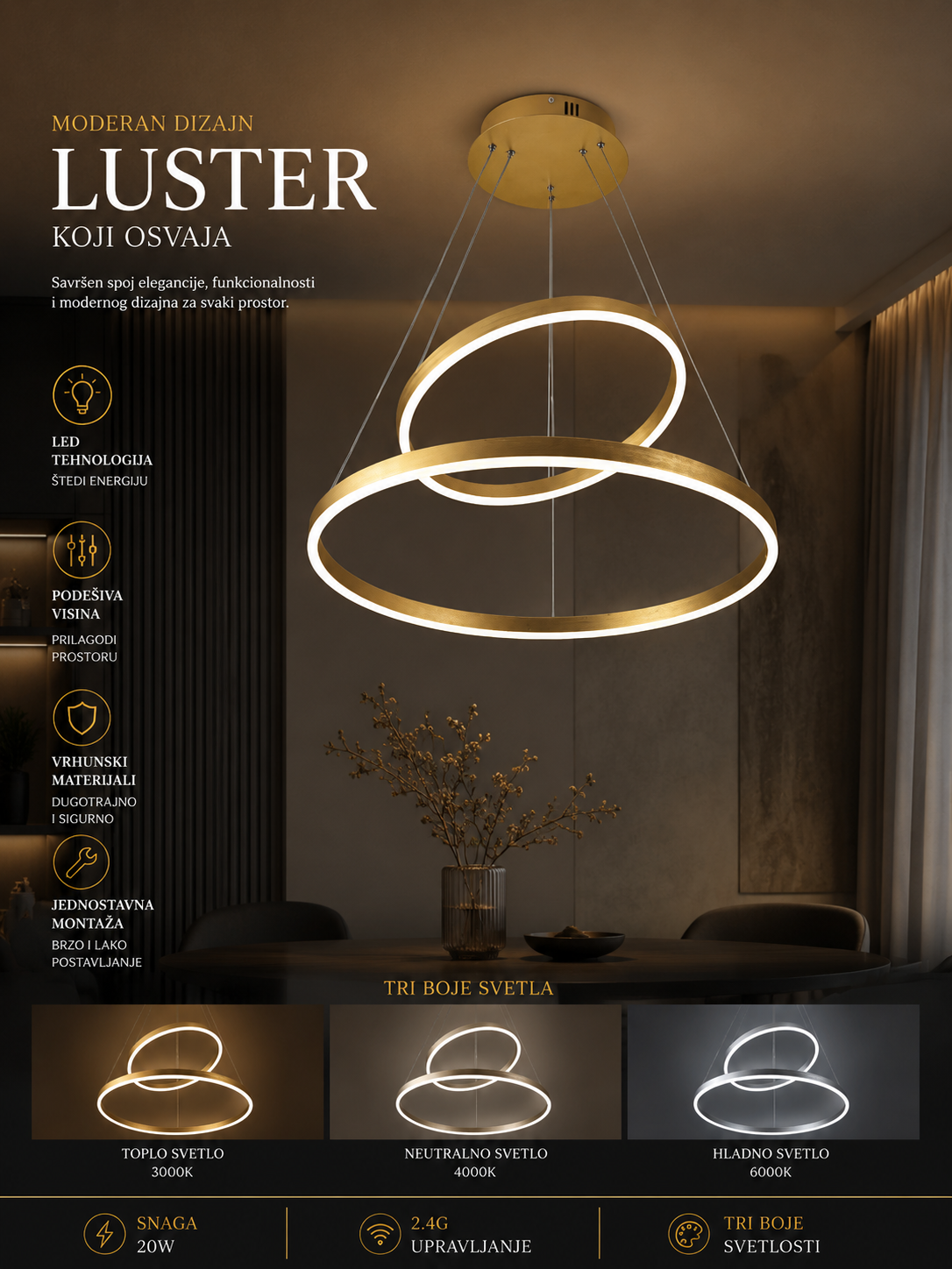 Luster Veloria Gold – Elegantni LED Viseći Luster sa Zlatnim Krugovima | Luksuzna Moderna Rasveta
