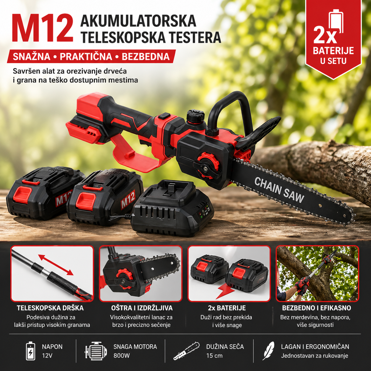M12 Akumulatorska Teleskopska Testera – Bežična Testera za Grane sa 2 Baterije