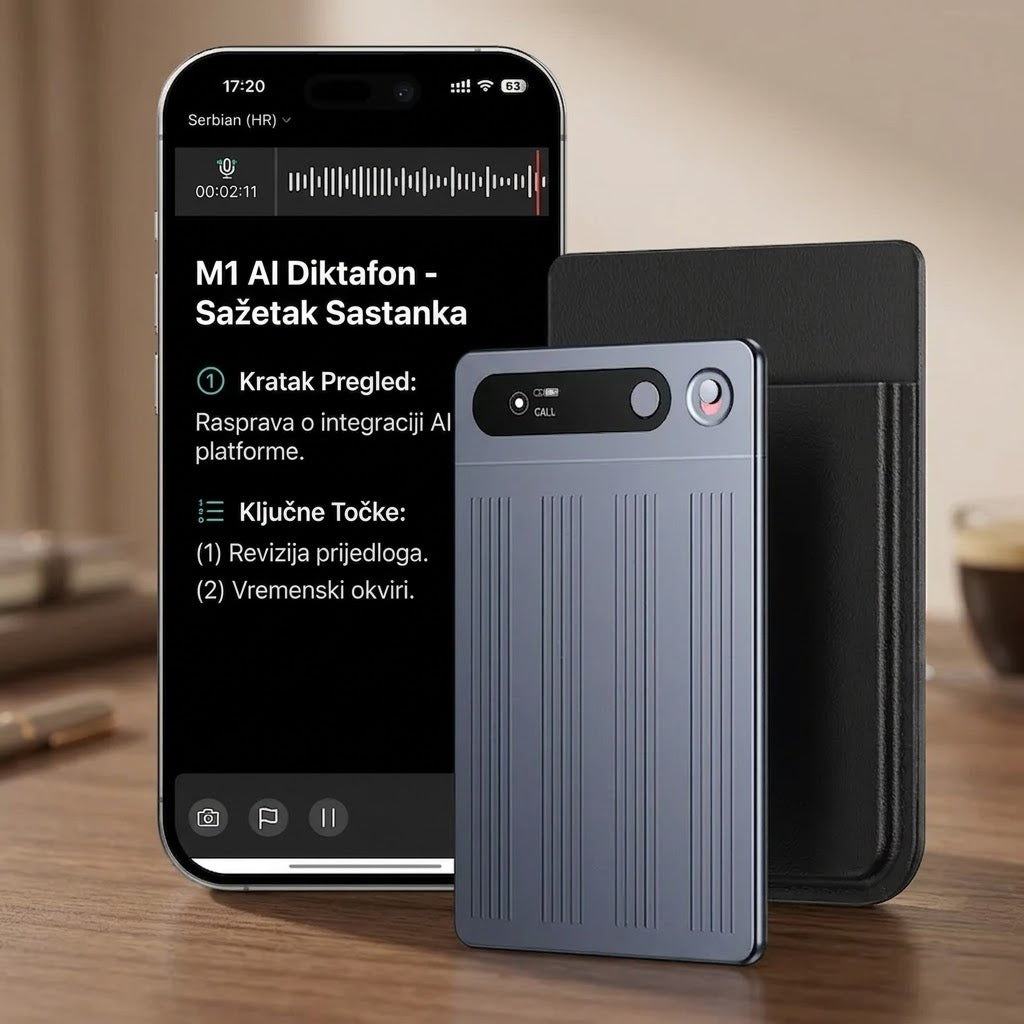 M1 Professional AI Diktafon sa Transkripcijom i Bluetooth Povezivanjem – Pametni Voice Recorder za Snimanje, Sažetke i Kontrolu preko Aplikacije