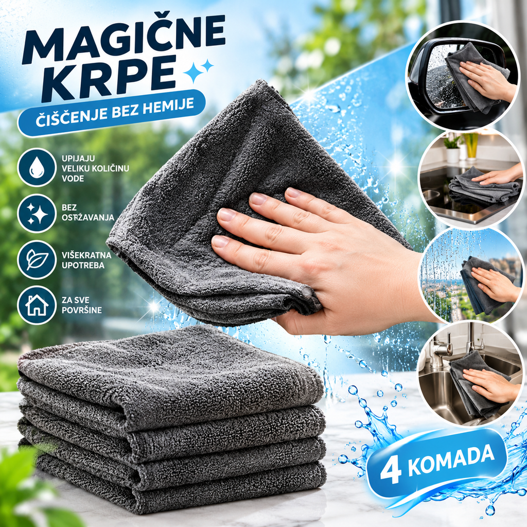 Four dark gray microfiber cleaning cloths, with three folded and one being held by a hand to demonstrate use. The image features promotional text in Serbian ('Magićne Krpe' meaning Magic Cloths), icons highlighting benefits like gentle cleaning and reusable use, and circular inset images showing the cloths being used to wipe mirrors, dishes, and surfaces.