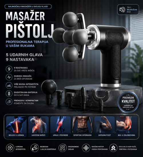 Bežični Masažer Pištolj za Mišiće – 5 Udarnih Glava, 9 Nastavaka, Više Nivoa Intenziteta