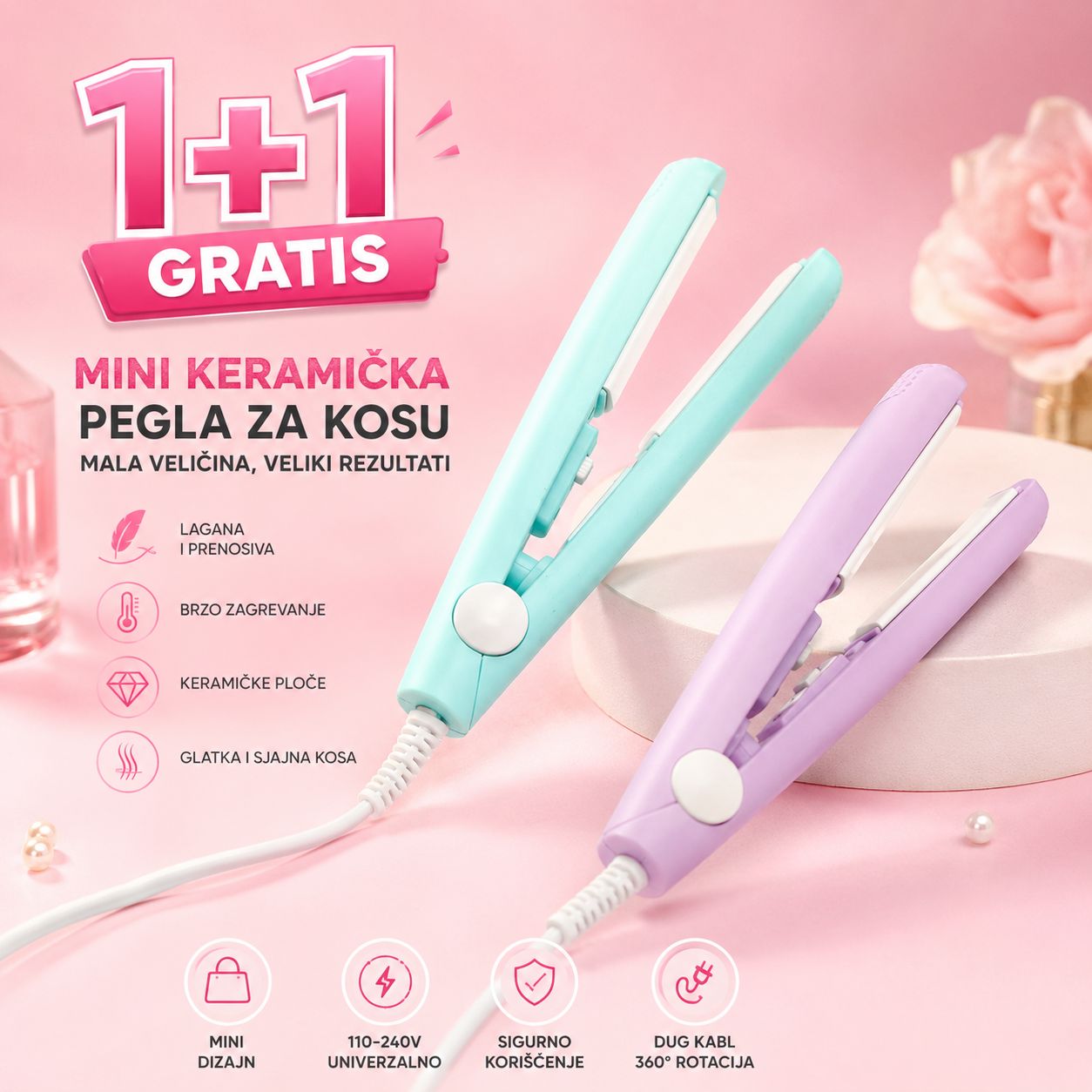 Mini Keramička Pegla za Kosu 1+1 GRATIS – Mini Pegla za Ispravljanje i Uvijanje Kose, Putna Pegla