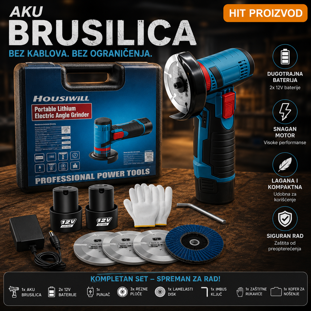 Mini Akumulatorska Brusilica 12V – Bežična Brusilica sa Dve Baterije i Punjačem